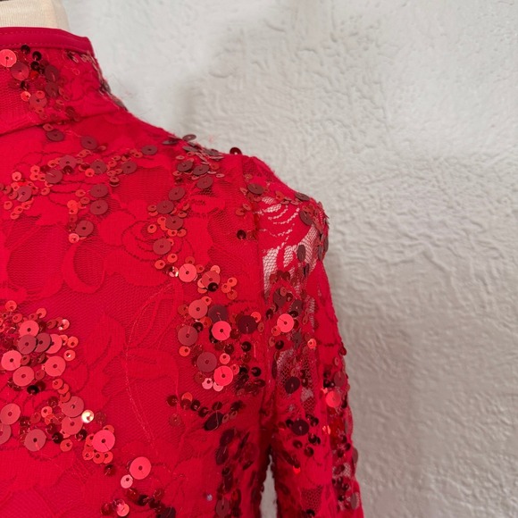 Balera Dance Costume Streak Lace Dress Adult L Red Sequin Sheer D10125 Weissman - Picture 4 of 14